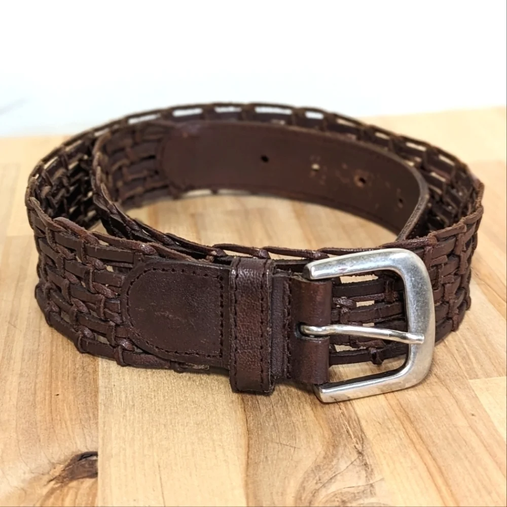 Vintage Wide Braided Brown Leather Belt with Nickel Buckle L